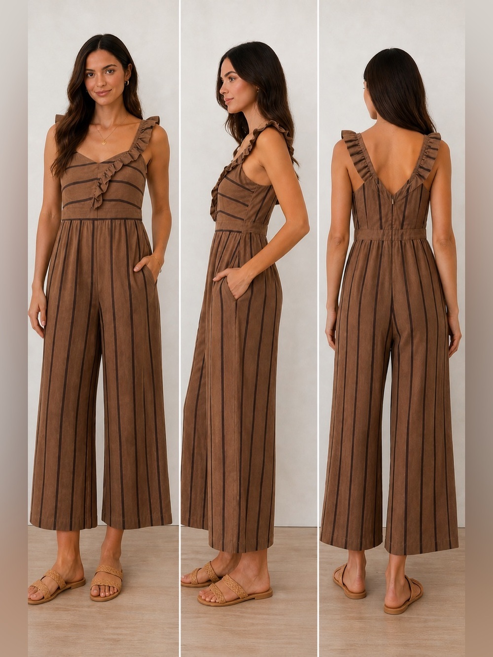 MOMNI Ruffle Strap Jumpsuit Brown Stripe Wide Leg Cotton Linen Size S